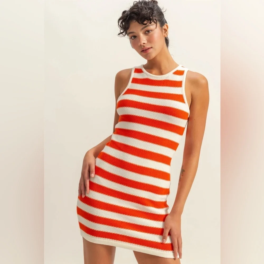NEW HYFVE Tomato & Cream Striped Sleeveless Bodycon Mini Dress Size Large